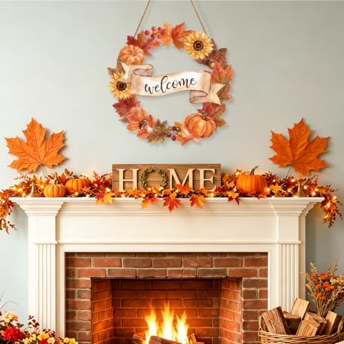 Fall Welcome Wreath Sign Wooden Maple leaves Pumpkins for Front Door