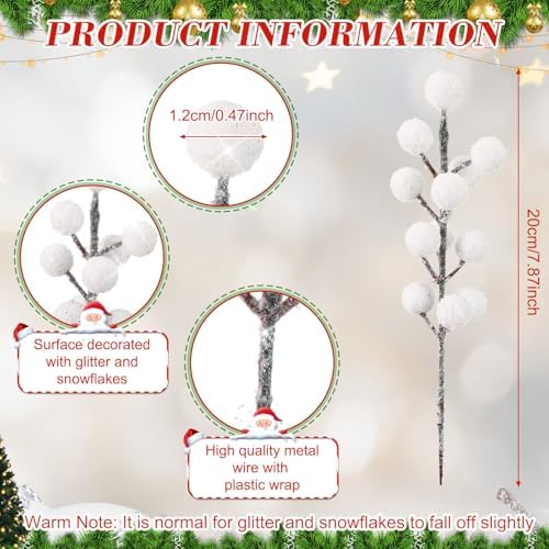 Geosar 30 Pieces Artificial Christmas Berry Picks with Snowflake Glitter Holly Berry Stems for Christmas Tree Ornaments Vases DIY Crafts Wedding Party Holiday Decor(Glitter White)