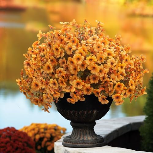 Grunyia 16 Bundles Artificial Fall Flowers UV Resistant Faux Greenery, All Weather Outdoor Autumn Decor for Thanksgiving Christmas Wedding Home Garden Fireplace Party Décor (Fall Orange Yellow)