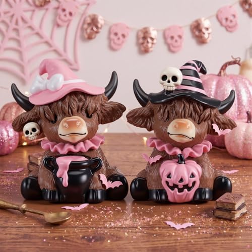 Karenhi 2 Pcs Pink Halloween Cow Figurines Resin Statues Tabletop Desk