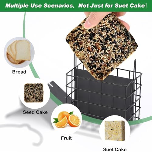 Gbekery All-Metal Double Suet Bird Feeder for Outdoors Hanging, Suet Cake Cage Holder with Weather-Resistant Roof & Perch for Outside Garden, Black