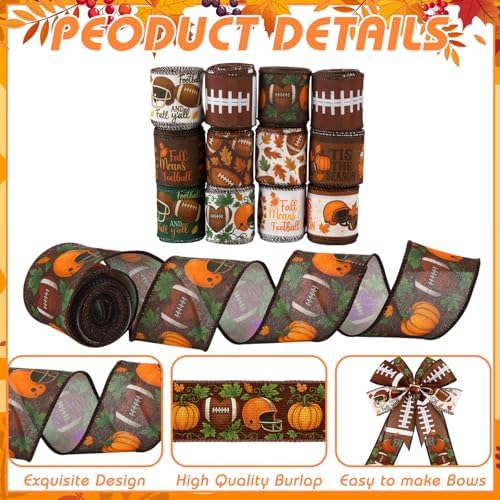 12 Rolls Fall Football Wired Edge Ribbon for Wreaths 2 Inch x 60 Yards Maple Leaves Pumpkin Football Print Ribbon Crafts for Thanksgiving Harvest Party Decorative Supplies, 12 Styles