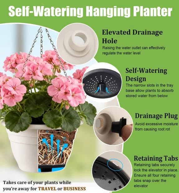RooTrimmer Hanging Planters 10 Inch, 4 Pcs Flower Pots with Drainage Hole, Self Watering Hanging Basket for Indoor