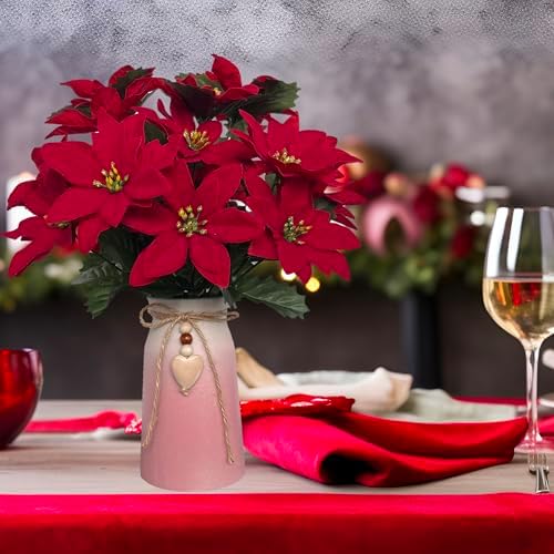Artificial Poinsettia Christmas Flower Arrangement in Pink Vase, Festive Red Faux Flowers with Heart Charm for Home, Office & Holiday Décor