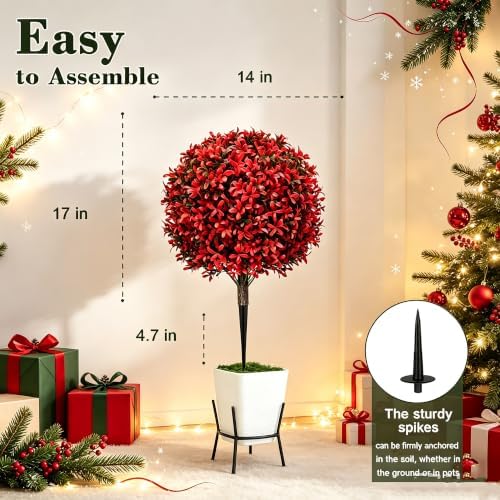 Chillchard 2Pack UV Resistant Red Artificial Boxwood Topiary Fake Plant