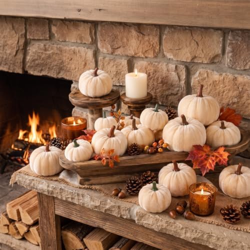 Weysat 24 Pcs Beige Velvet Pumpkins Fall Thanksgiving Decor, Assorted Size