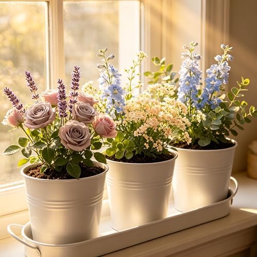 TCBWFY Indoor Herb Garden Planter Set - 3 Pack 4.7" White Metal Plant Pots with Drainage Holes & Removable Tray - Windowsill Kitchen Counter Balcony Office Garden