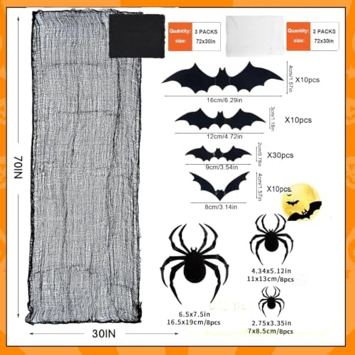 90Pcs Halloween Decorations White Black Creepy Gauze Spider Bats Set