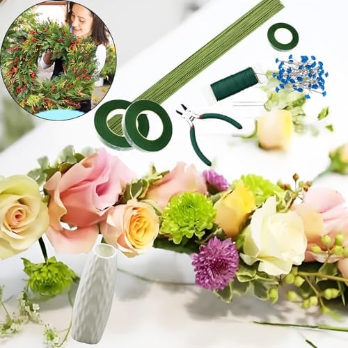 Floral Tape and Wire Arrangement Tools Kit with Wire Cutter - 1 pcs vase, 16 Gauge Paper Bag Flower Stalk and 22 Gauge Binding Iron Rope, Boutonniere Pin, for Bouquet Stem Wrapping and Floral Crafts