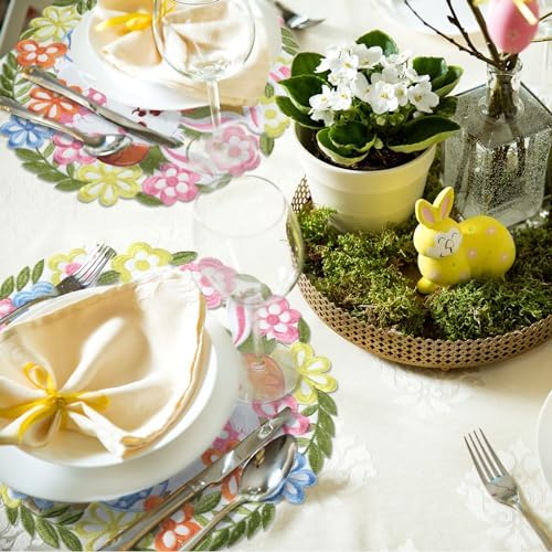 6 Pcs Easter Embroidered Placemats Double Layer Applique Bunny Egg Floral Placemat for Home Dining Holiday Easter Spring Table (Bunny, Egg, 14 x 14 Inch)