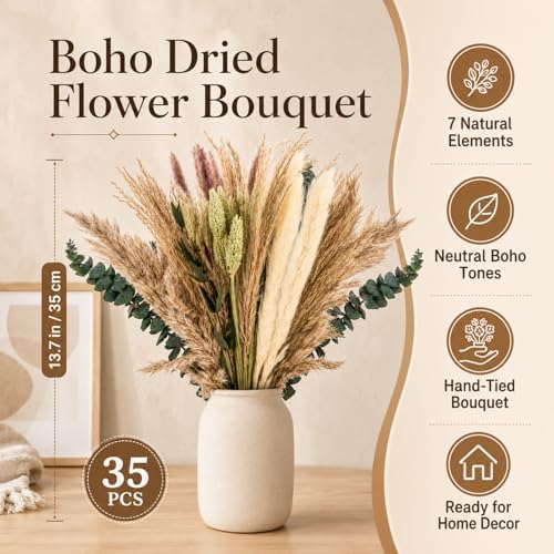 RAINFLOW 35PCS Dried Pampas Grass Decor - 7 Varieties Small Dried Flower