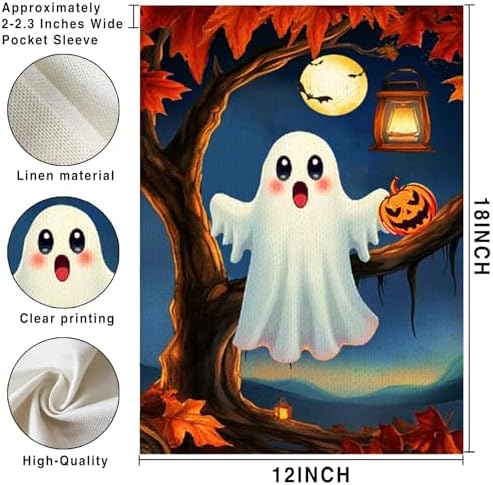 Halloween Cute Ghost Garden Flag 12x18 Vertical Double Sided Pumpkin maple leaf Welcome Yard Flag Fall Holiday Outside Decorations Burlap for Outdoor Patio Lawn Farmhouse Farmland Holiday Decoration