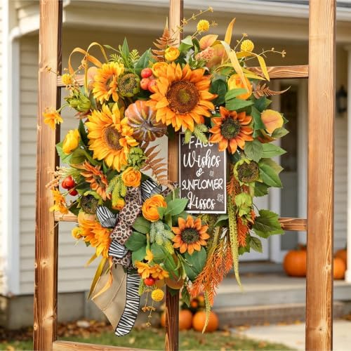 Fall Wreaths for Front Door 24 Inch, Autumn Harvest Wreath with Sunflower