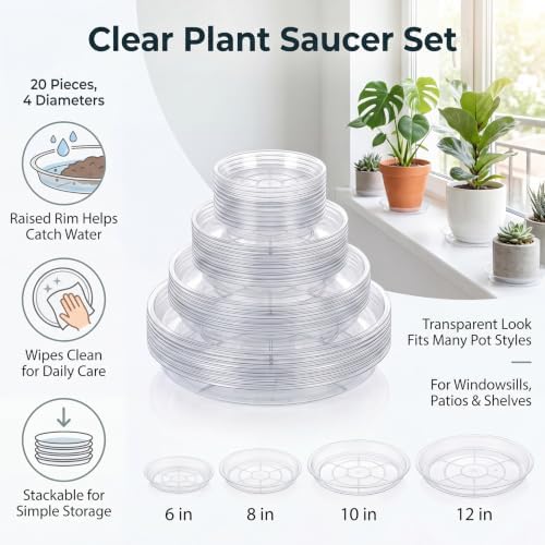 ondware Plant Saucers, 20-Pack Plastic Drip Trays, 6/8/10/12 Inch, Clear