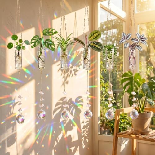 6 Pcs Plant Propagation Station Colorful Crystal Suncatcher, Handmade Boho Rooting Vase, Hanging Window Plant Propagator Stations Suncatcher with Chain Pendant Ornament Balls (Flower)