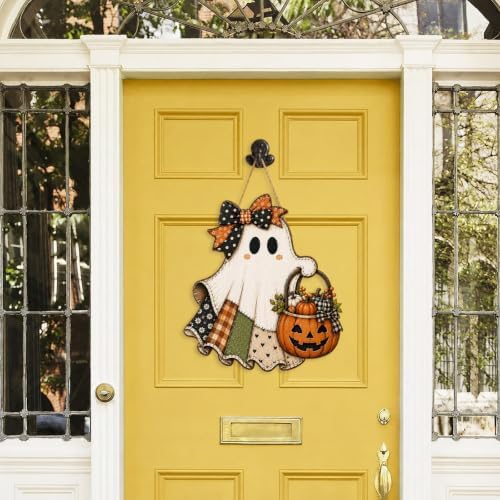 Cute Bow Ghost Door Sign Wooden Halloween Door Hanger Pumpkin Porch Decor