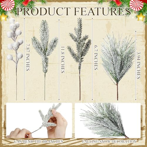 Lyrow 80 Pieces Christmas Snowy Pine Tree Picks Artificial Berry Stems Sprays Faux Cedar Pine Needles Branches for Holiday Arrangement Wreath DIY Garland Holiday Decor Winter Greenery (White)