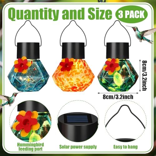 Nuogo 3 Pcs Blown Glass Hummingbird Feeder Gift Solar LED, Color C, Novel