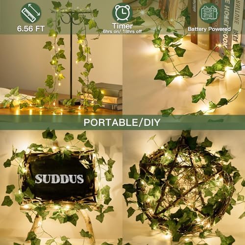 suddus Ivy Vine with Fairy Lights, 6.56ft 20LED Battery Leaf String Lights