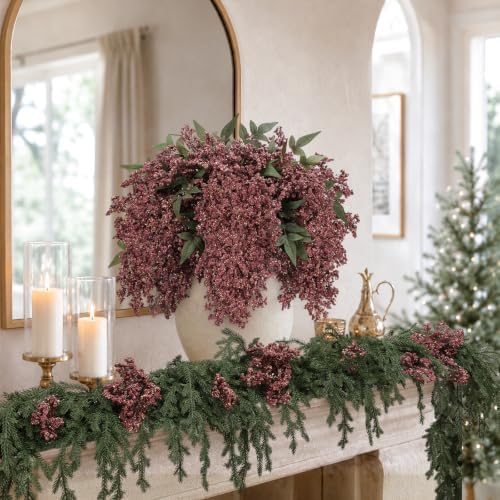 6Pcs 43'' Artificial Nandina Berry Stems Muted Burgundy Branches Home Decor
