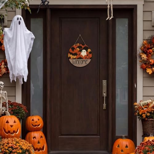 Smile Halloween Wooden Door Hanger with Welcome Ghost and Pumpkin Fall