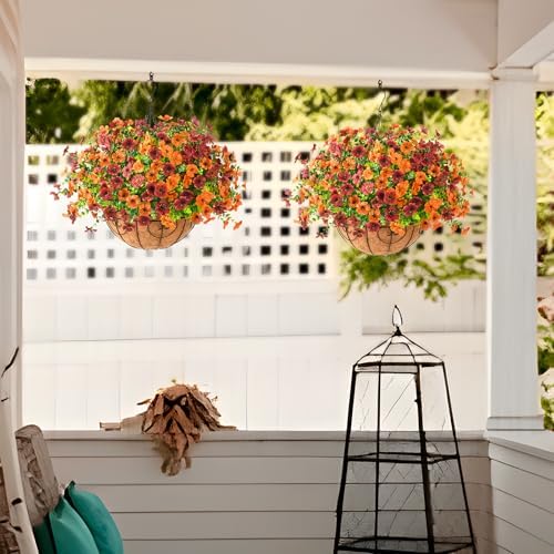 Artificial Fall Hanging Flowers Basket, UV Resistant Mums for Outdoors