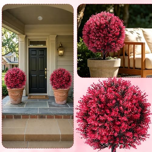 27.6 Inch Red Eucalyptus Topiary Ball Trees, 2 Sets Faux Boxwood Topiary with Spikes, Pot Filler Fake Shrubs Plants for Outdoor Planters, Round Topiary Bush Balls Front Porch Home Garden Spring Decor