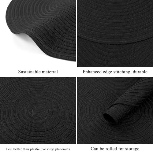 SHACOS Round Braided Placemats Set of 6 Cotton Polyester Heavy Duty 15 inch Round Table Mats Washable Heat Resistant Place Mats (Black, 6)
