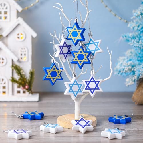 Chunful 24 Pcs Hanukkah Ornaments for Tree Star Hanging Ornaments Shatterproof Star of David Tree Decorations Chanukah Balls Blue and White Jewish Christmas Decorations for Xmas Party Supplies