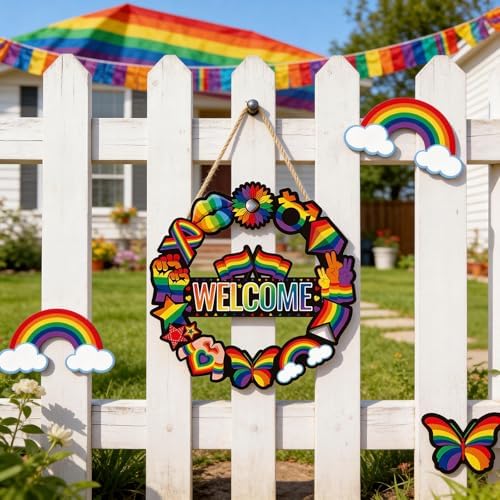 Pride Decorations Pride Month Wreath for Front Door Wooden Gay Pride Rainbow Sign Hollow Hanger Wall Art Everyone is Welcome Here Love Decor for Pride Ally Home Office LGBT Classroom Party Porch Yard