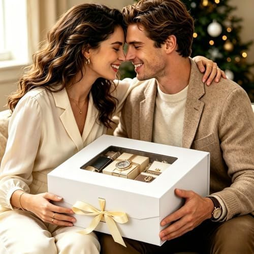 White Gift Box for Presents with Ribbon 13.2x11x5.3 Inches Clear Gift Box with Window Magnetic Closure Gift Boxes with Lids
