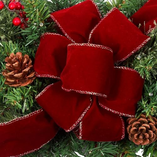 Haute Decor 28 Inch Wide Classic Holiday Window Swag PRE-LIT with Energy-Efficient LED Lights - Battery Operated Timer with Automatic On-Off
