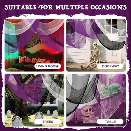 AHEONLAR 8 Pack Halloween Creepy Cloth 30x72 Inch Black White Purple Spooky Fabric Cloth Indoor Outdoor Halloween Decorations for Party Supplies, Home Wall, Doorway, Yard