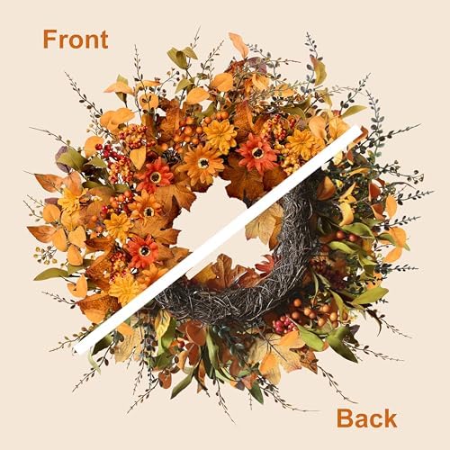 Artificial Fall Wreath 22 Inch Fall Wreaths for Front Door with Orange Berries Daisies Eucalyptus Leaves Autumn Door Wreaths for Thanksgiving Harvest Festival Wall Porch Farmhouse