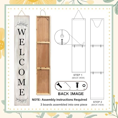 Welcome Sign for Front Porch Standing - Wooden Vertical Hanging Farmhouse Decor With Leaves for Front Door and Home Decorations 47.2"H