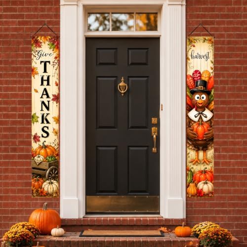 IVN Give Thanks Turkey Porch Banner Thanksgiving Decor 2 Pcs