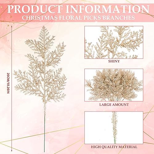 Cindeer 100 Pcs Christmas Tree Picks Sprays Glitter 10.2 in,Champagne Gold