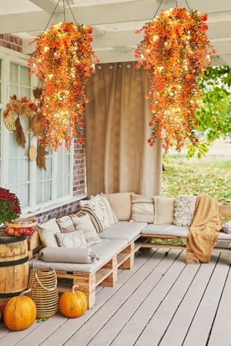 RECUTMS Fall Decor Artificial Flowers Faux Hanging Plants with Lights 3Pcs