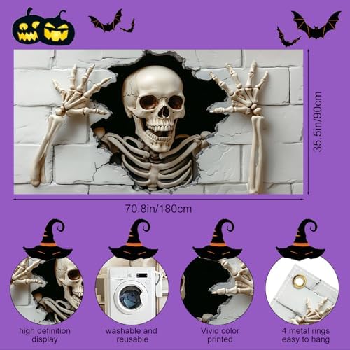 118"x35" Extra Large Happy Halloween Banner Big Spooky Halloween Backdrop for Giant Outdoor Yard Easy Hang with Ropes&Grommets–Perfect for Fence, Porch, Garden, Haunted House Party Signs (Skull, 71"x35")