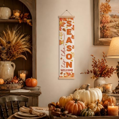 Fall Door Banner, Tis the Season Maple Leaf Canvas Sign for Front Porch