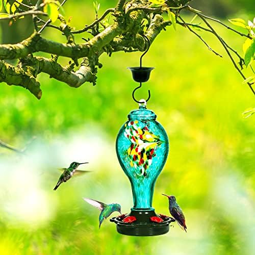 LUJII Hummingbird Feeder for Outdoors, Hand Blown Glass Humming Bird Feeder, Anti Fade Leakproof with 25 Ounces Nectar Capacity, Easy to Install Clean Refill, Include Hook & Ant Moat (Teal)