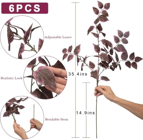 Daynight 6 Pcs Fall Artificial Eucalyptus Stems, 35″ Silk Faux Foliage Branches, Autumn Greenery Stems for Thanksgiving Halloween Farmhouse Table Centerpiece DIY Decor (6, Burgundy)