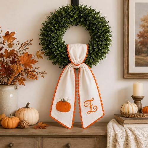 Halloween Pumpkin Wreath Sash Fall Front Door Orange Bow Decor Soft Cotton Feel Fabric Raised Embroidery Scalloped Trim Seasonal Accent Initials (P)