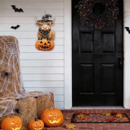 Glitzhome 30" Halloween Decorations Outdoor – Metal Highland Cow Yard Stake Wearing Witch Hat & Plaid Bandana, Handcrafted Iron Painted Lawn Ornament for Garden, Grave or Pathway