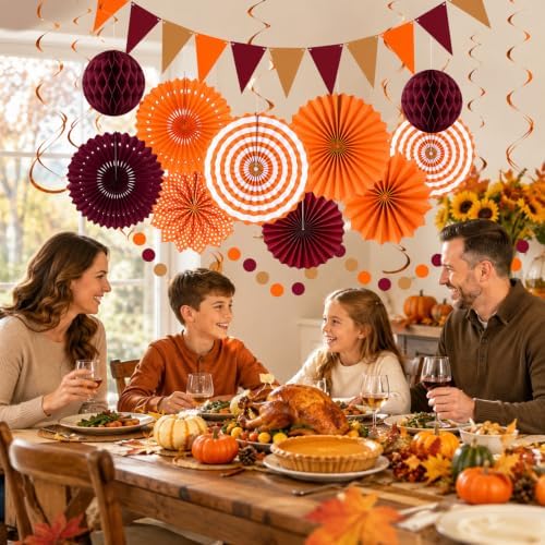 24 Pcs Fall Party Decorations, Burgundy Orange Paper Fans and Pom Poms Set
