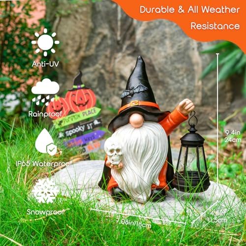 Halloween Gnome Decoration Garden Statues with Skull Solar Gnomes with LED Lantern Halloween Outdoor Porch Patio Yard Art Ornament Holiday Gardening Gifts for Mom Women