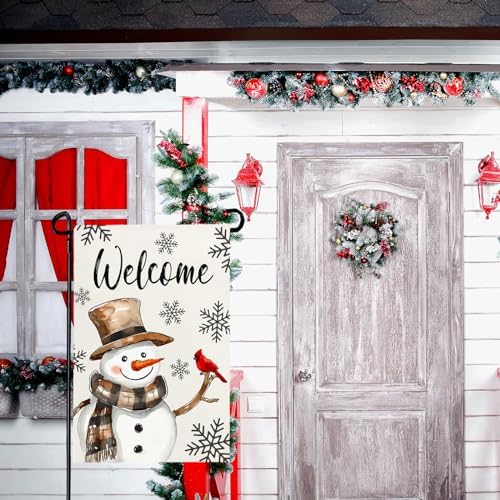 Winter Snowman Welcome Garden Flags Double Sided 12 x 18 inch Snowflakes Yard Flags Snow Burlap Garden Flag for Outside Yard Garden Porch Lawn Farmhouse Decoration