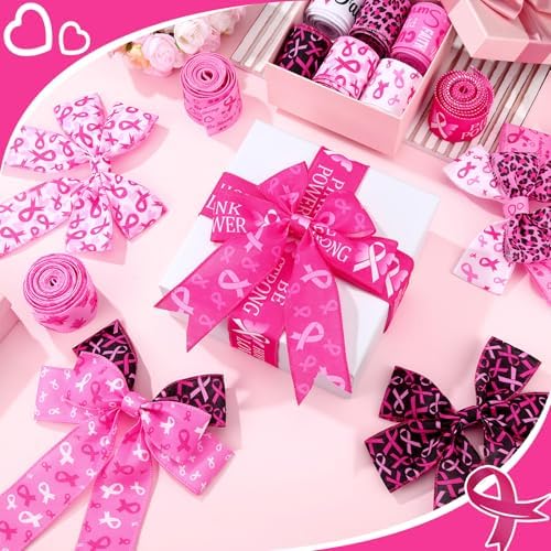 12 Rolls 60 Yards Breast Cancer Wired Ribbon Pink Butterfly Bows