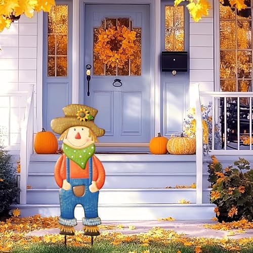 TERESA'S COLLECTIONS Fall Outdoor Decor, Scarecrow for Garden Decorations Metal Stakes,Thanksgiving Decorations,Blue Harvest Yard Signs for Lawn Patio,24”