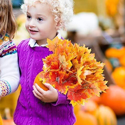 BBTO 6 Pcs Artificial Maple Leaves 7 Branches Fall Stems Decor,Orange